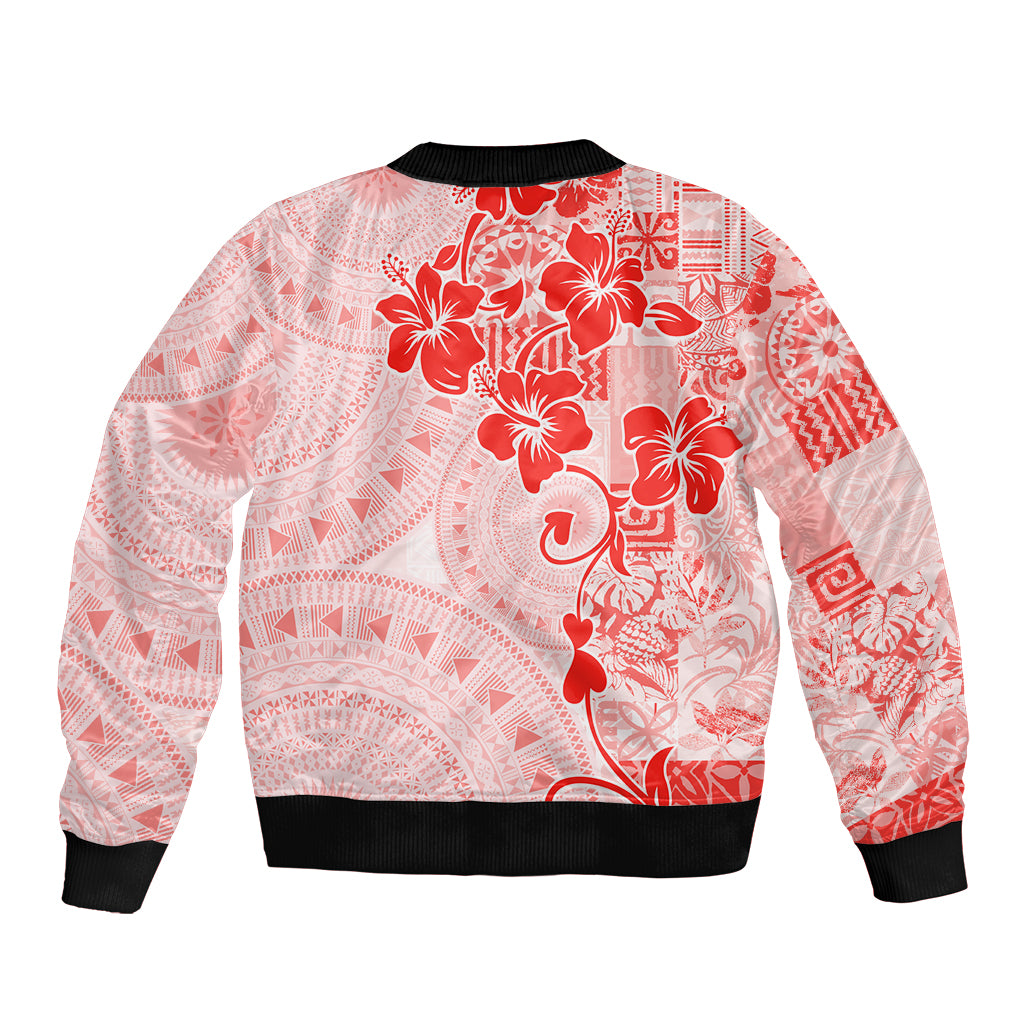 Fiji Masi With Hibiscus Tapa Tribal Sleeve Zip Bomber Jacket Red Pastel LT01 - Polynesian Pride