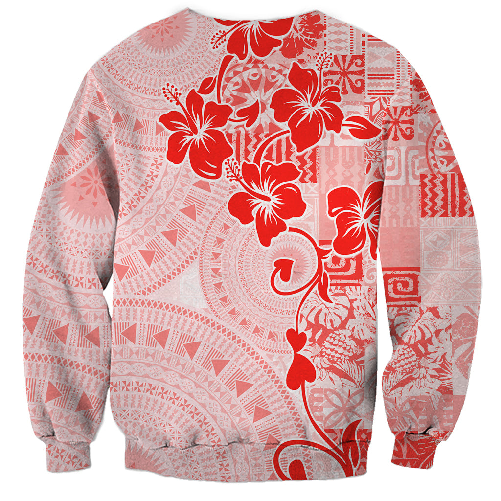 Fiji Masi With Hibiscus Tapa Tribal Sweatshirt Red Pastel LT01 - Polynesian Pride