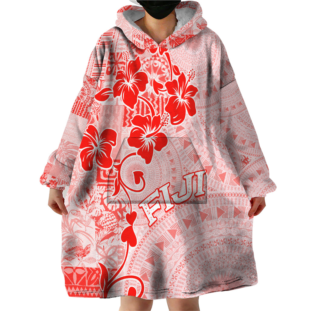 Fiji Masi With Hibiscus Tapa Tribal Wearable Blanket Hoodie Red Pastel LT01 - Polynesian Pride