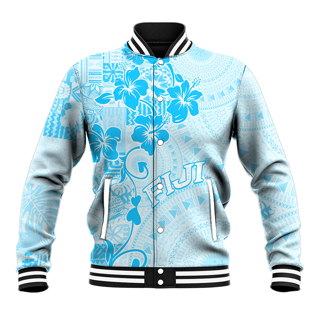 Fiji Masi With Hibiscus Tapa Tribal Baseball Jacket Sky Blue Pastel LT01 Unisex Blue - Polynesian Pride