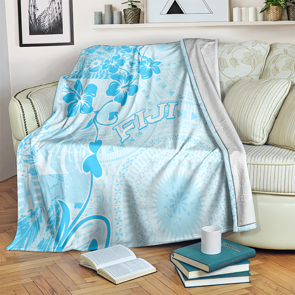 Fiji Masi With Hibiscus Tapa Tribal Blanket Sky Blue Pastel LT01 - Polynesian Pride