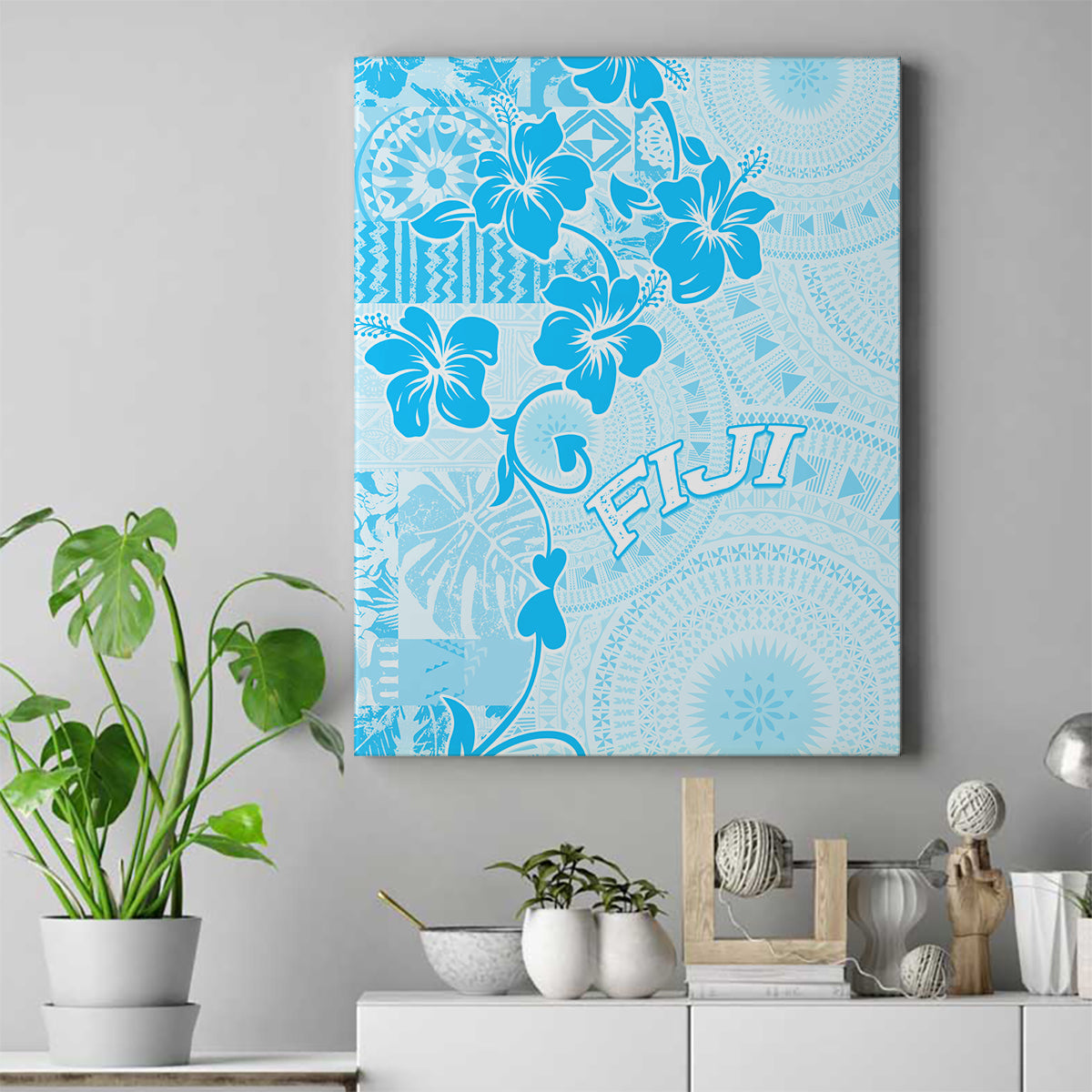 Fiji Masi With Hibiscus Tapa Tribal Canvas Wall Art Sky Blue Pastel LT01 Blue - Polynesian Pride