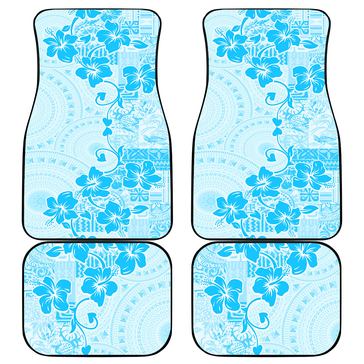 Fiji Masi With Hibiscus Tapa Tribal Car Mats Sky Blue Pastel LT01 Blue - Polynesian Pride