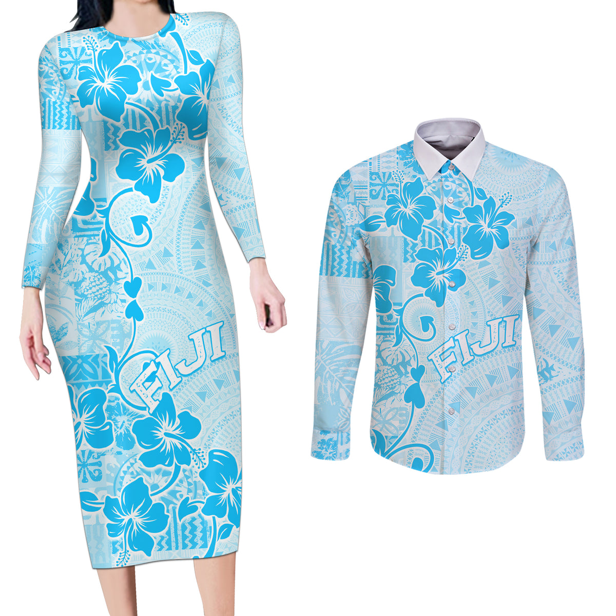 Fiji Masi With Hibiscus Tapa Tribal Couples Matching Long Sleeve Bodycon Dress and Long Sleeve Button Shirt Sky Blue Pastel LT01 Blue - Polynesian Pride