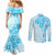 Fiji Masi With Hibiscus Tapa Tribal Couples Matching Mermaid Dress and Long Sleeve Button Shirt Sky Blue Pastel LT01 - Polynesian Pride
