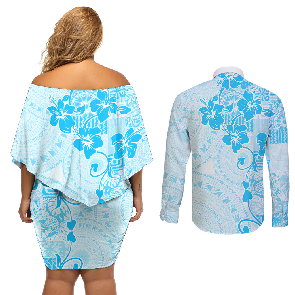 Fiji Masi With Hibiscus Tapa Tribal Couples Matching Off Shoulder Short Dress and Long Sleeve Button Shirt Sky Blue Pastel LT01 - Polynesian Pride