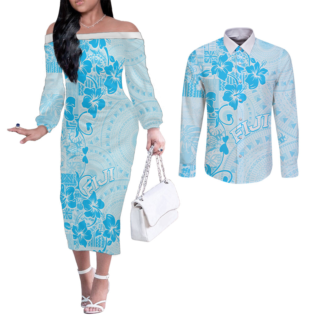 Fiji Masi With Hibiscus Tapa Tribal Couples Matching Off The Shoulder Long Sleeve Dress and Long Sleeve Button Shirt Sky Blue Pastel LT01 Blue - Polynesian Pride
