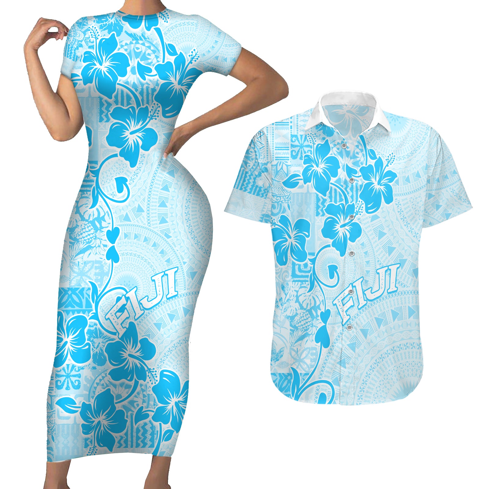 Fiji Masi With Hibiscus Tapa Tribal Couples Matching Short Sleeve Bodycon Dress and Hawaiian Shirt Sky Blue Pastel LT01 Blue - Polynesian Pride