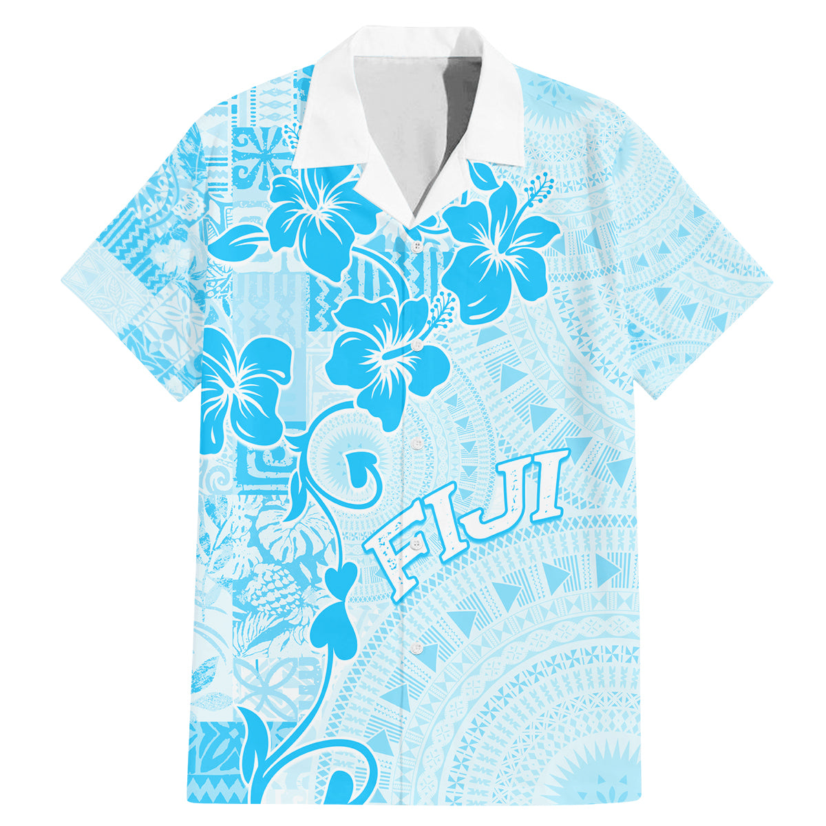 Fiji Masi With Hibiscus Tapa Tribal Family Matching Mermaid Dress and Hawaiian Shirt Sky Blue Pastel LT01 Dad's Shirt - Short Sleeve Blue - Polynesian Pride