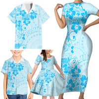 Fiji Masi With Hibiscus Tapa Tribal Family Matching Short Sleeve Bodycon Dress and Hawaiian Shirt Sky Blue Pastel LT01 - Polynesian Pride