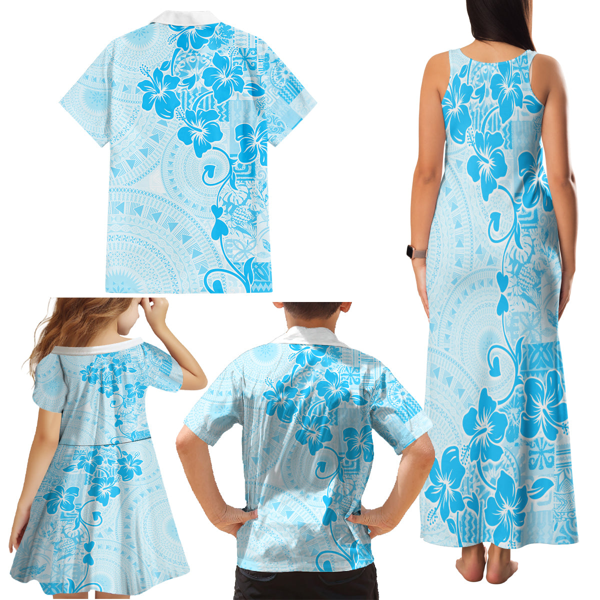 Fiji Masi With Hibiscus Tapa Tribal Family Matching Tank Maxi Dress and Hawaiian Shirt Sky Blue Pastel LT01 - Polynesian Pride