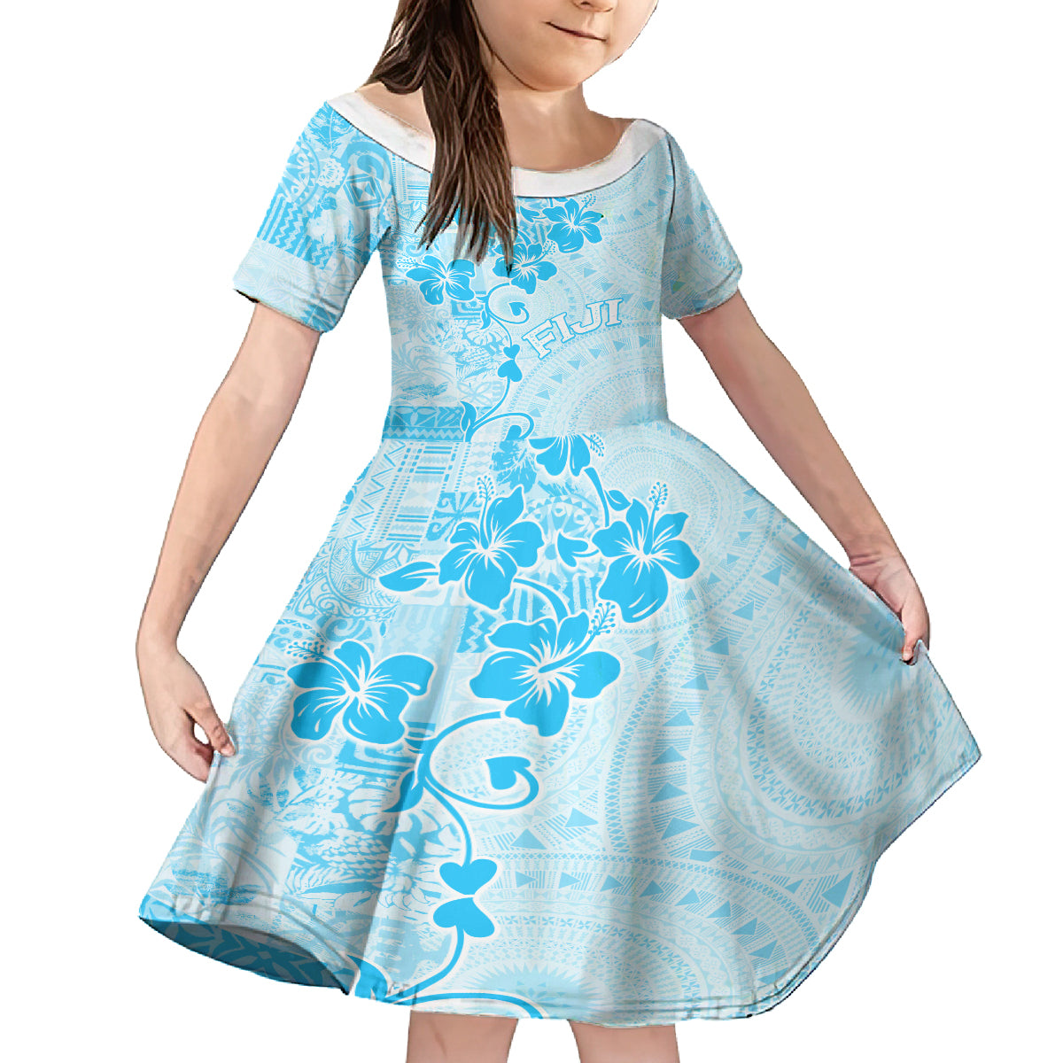 Fiji Masi With Hibiscus Tapa Tribal Kid Short Sleeve Dress Sky Blue Pastel LT01 KID Blue - Polynesian Pride