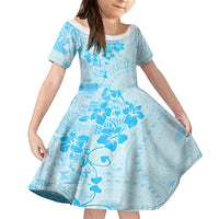 Fiji Masi With Hibiscus Tapa Tribal Kid Short Sleeve Dress Sky Blue Pastel LT01 KID Blue - Polynesian Pride