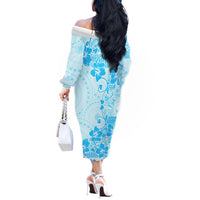 Fiji Masi With Hibiscus Tapa Tribal Off The Shoulder Long Sleeve Dress Sky Blue Pastel LT01 - Polynesian Pride