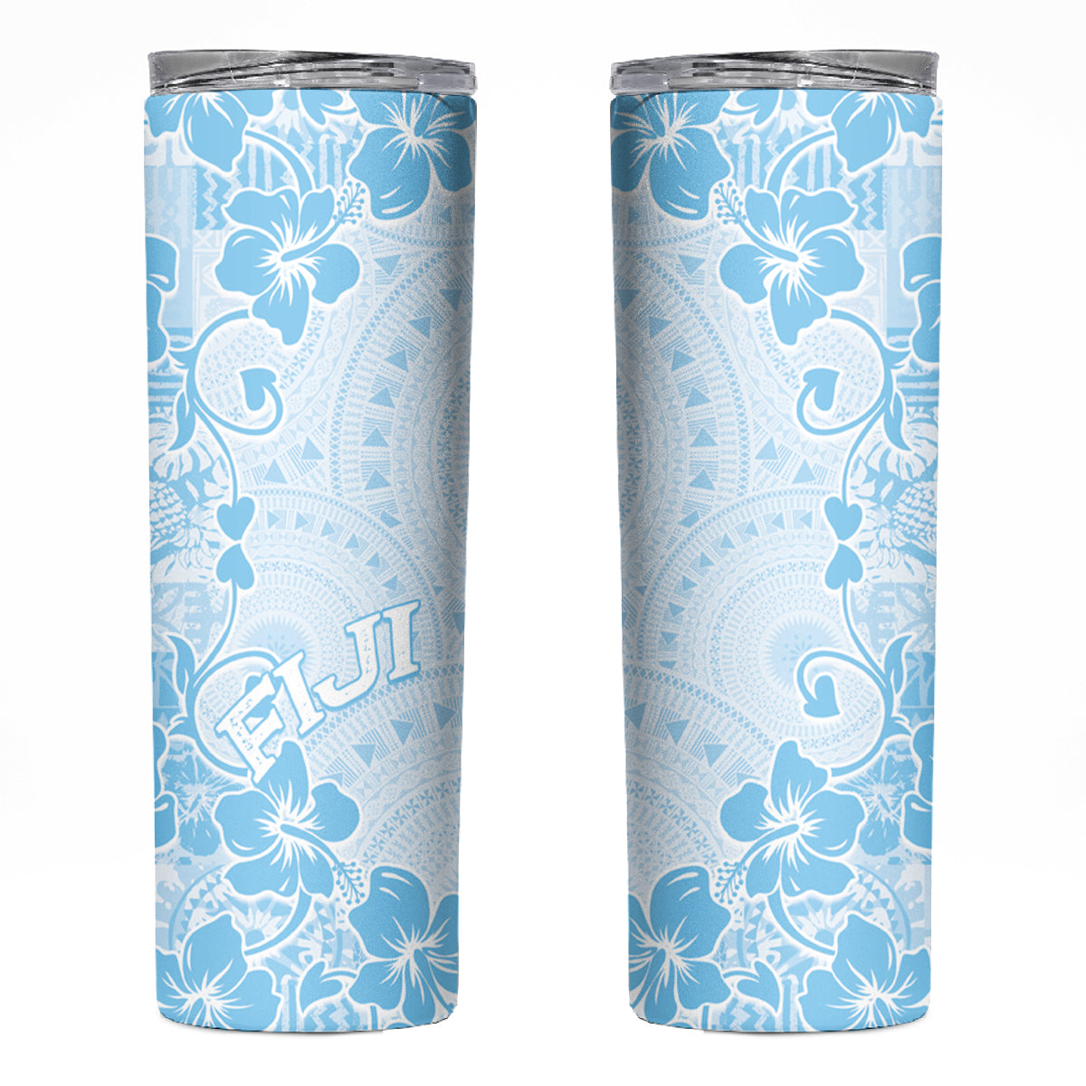 Fiji Masi With Hibiscus Tapa Tribal Skinny Tumbler Sky Blue Pastel