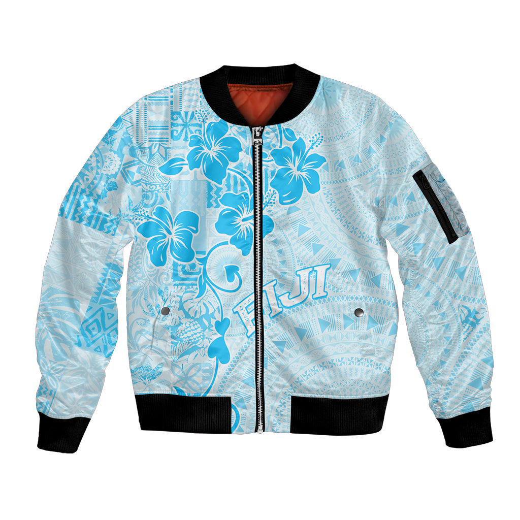 Fiji Masi With Hibiscus Tapa Tribal Sleeve Zip Bomber Jacket Sky Blue Pastel LT01 Unisex Blue - Polynesian Pride