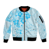 Fiji Masi With Hibiscus Tapa Tribal Sleeve Zip Bomber Jacket Sky Blue Pastel LT01 Unisex Blue - Polynesian Pride