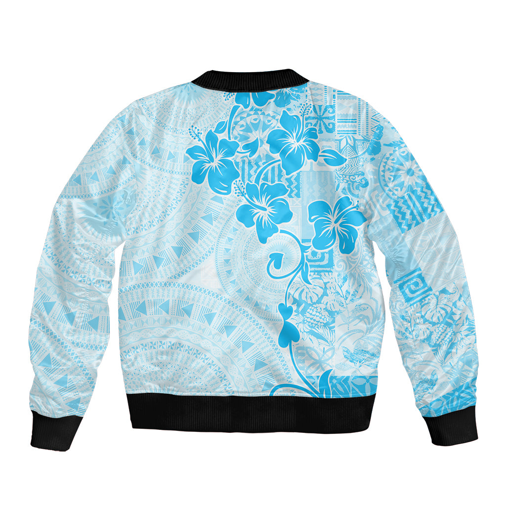 Fiji Masi With Hibiscus Tapa Tribal Sleeve Zip Bomber Jacket Sky Blue Pastel LT01 - Polynesian Pride