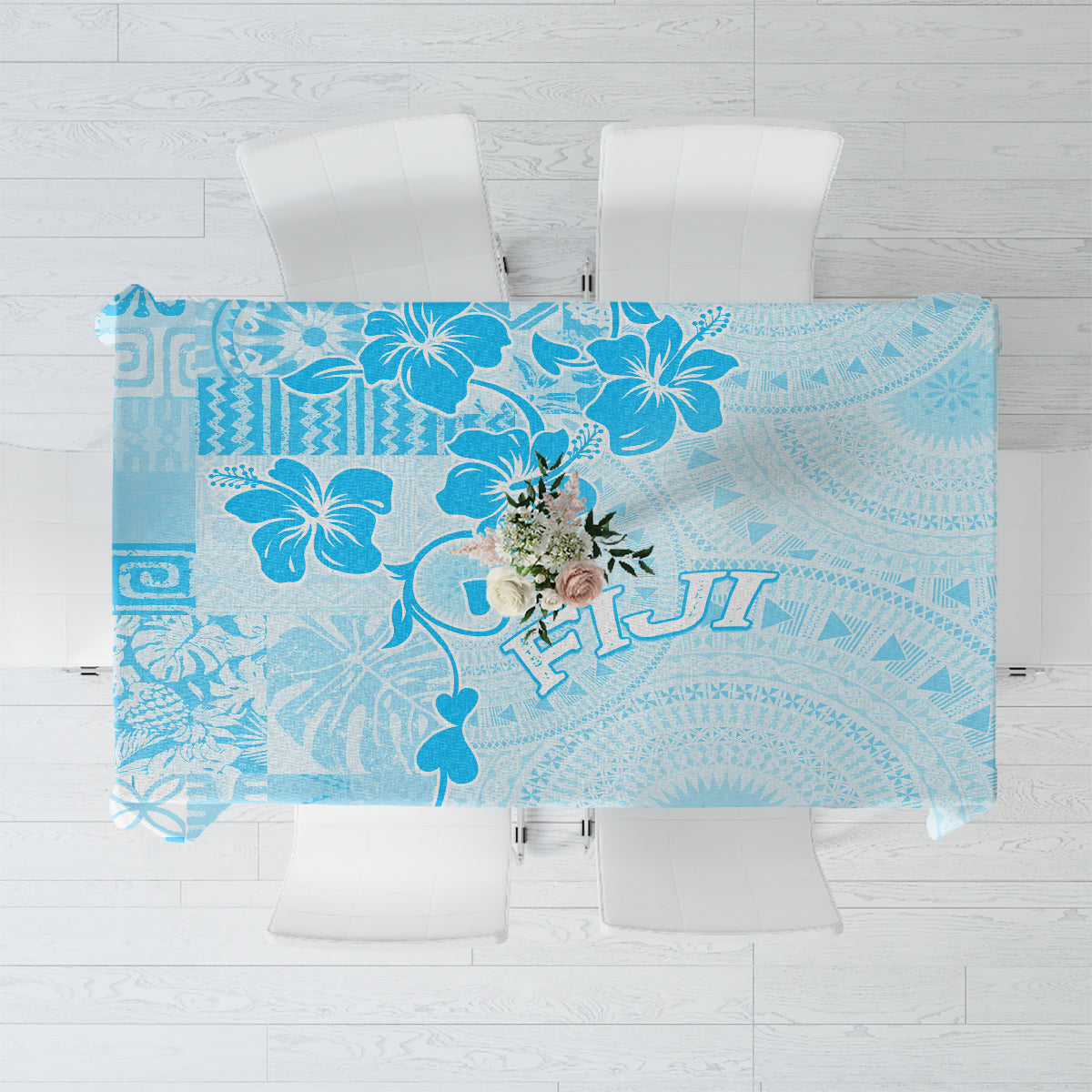 Fiji Masi With Hibiscus Tapa Tribal Tablecloth Sky Blue Pastel LT01 Blue - Polynesian Pride