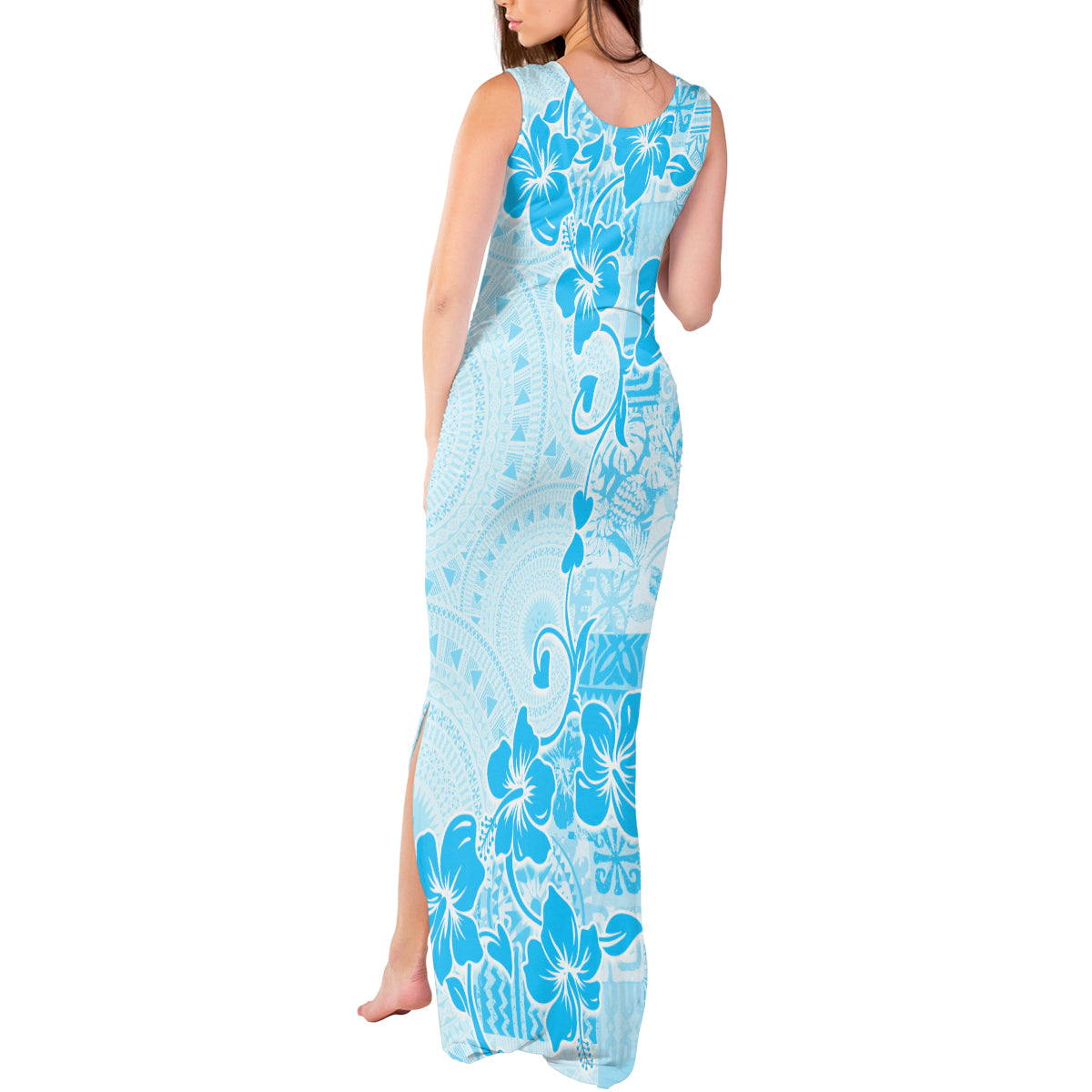 Fiji Masi With Hibiscus Tapa Tribal Tank Maxi Dress Sky Blue Pastel LT01 - Polynesian Pride
