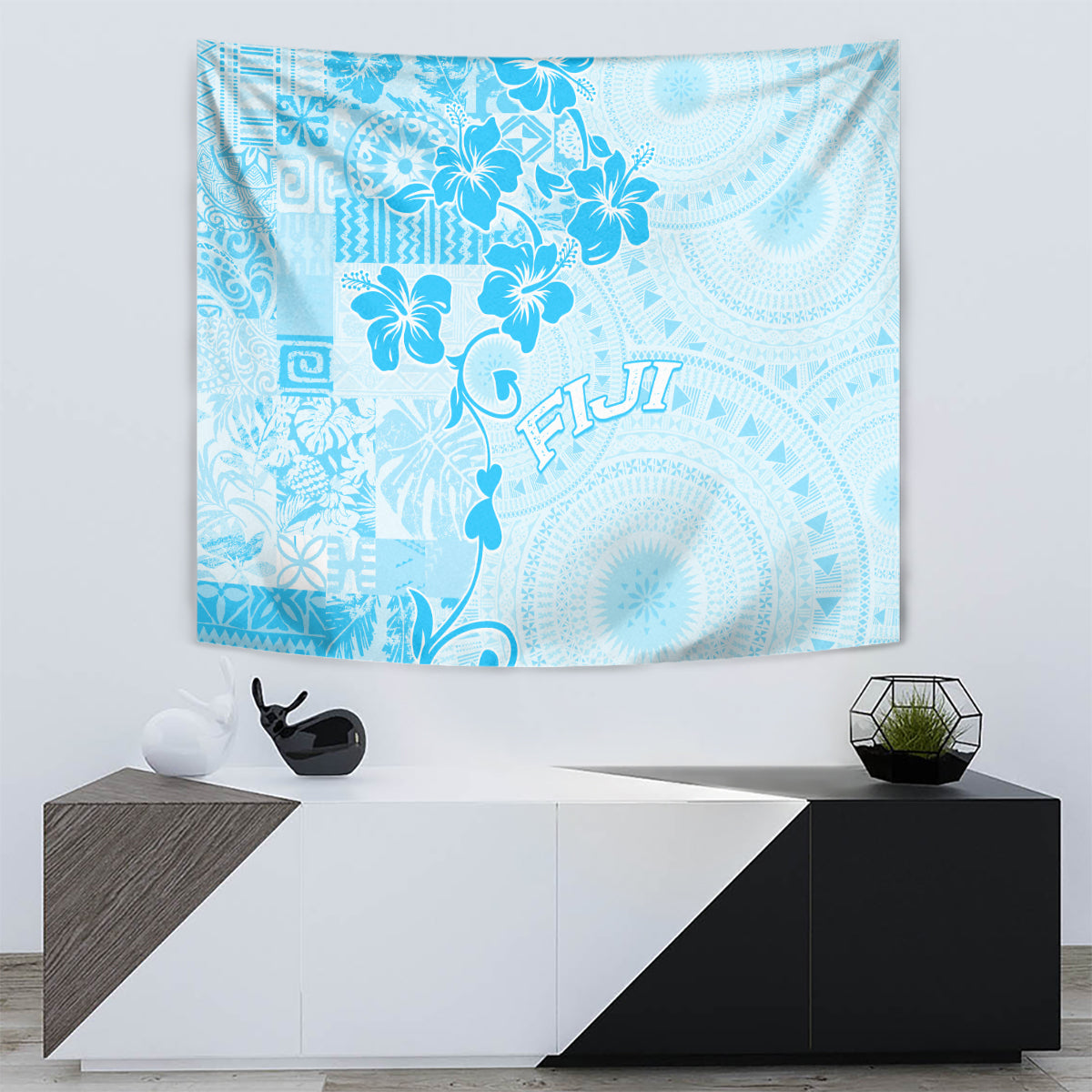 Fiji Masi With Hibiscus Tapa Tribal Tapestry Sky Blue Pastel LT01 - Polynesian Pride