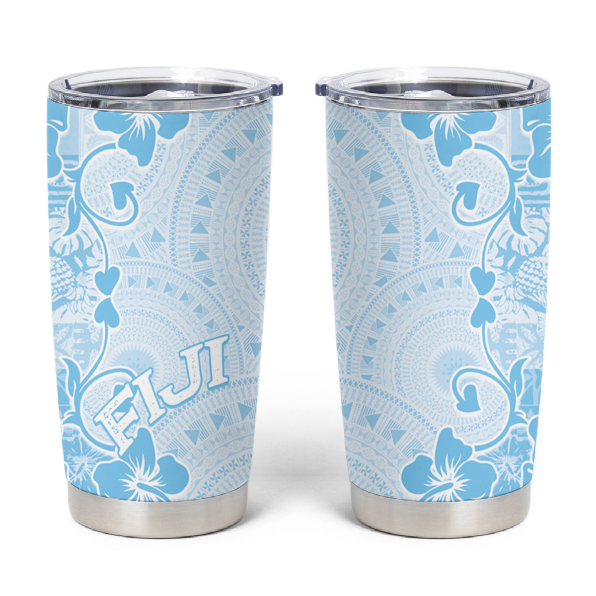 Fiji Masi With Hibiscus Tapa Tribal Tumbler Cup Sky Blue Pastel