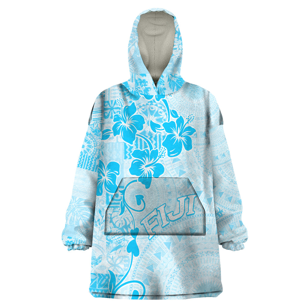 Fiji Masi With Hibiscus Tapa Tribal Wearable Blanket Hoodie Sky Blue Pastel LT01 One Size Blue - Polynesian Pride