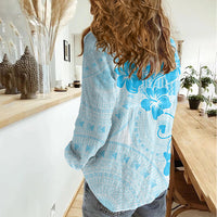 Fiji Masi With Hibiscus Tapa Tribal Women Casual Shirt Sky Blue Pastel LT01 - Polynesian Pride