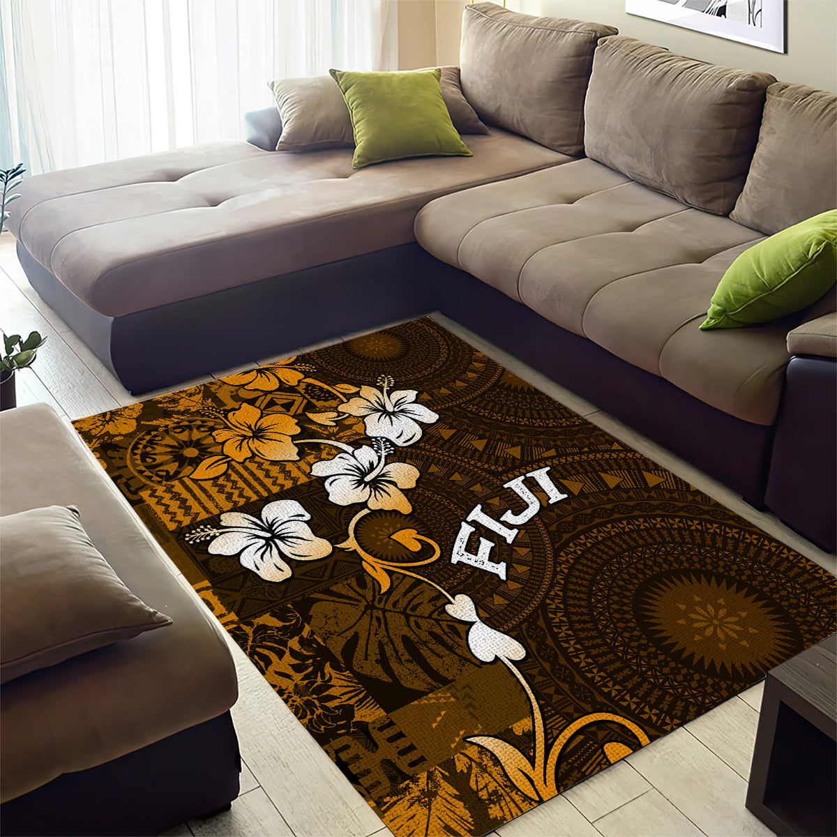 Fiji Masi With Hibiscus Tapa Tribal Area Rug Gold Version LT01 - Polynesian Pride