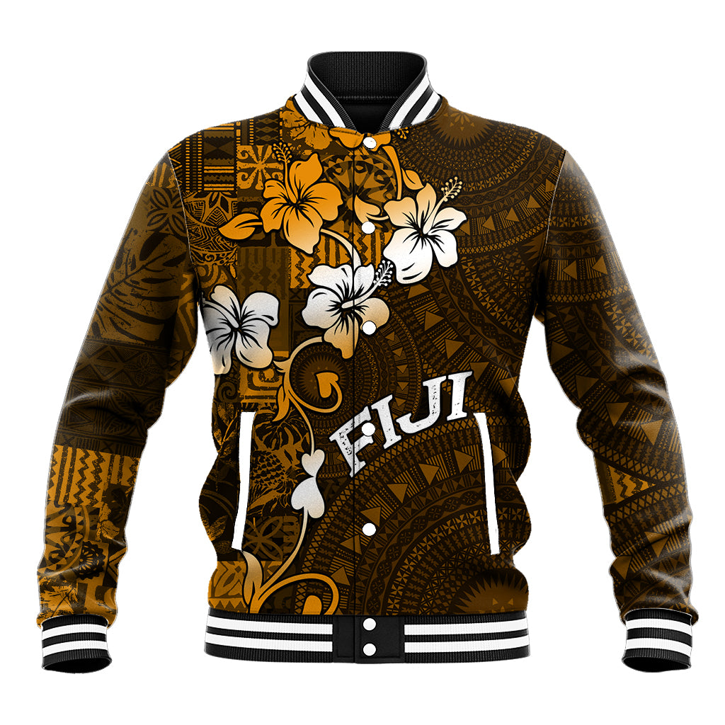 Fiji Masi With Hibiscus Tapa Tribal Baseball Jacket Gold Version LT01 Unisex Gold - Polynesian Pride