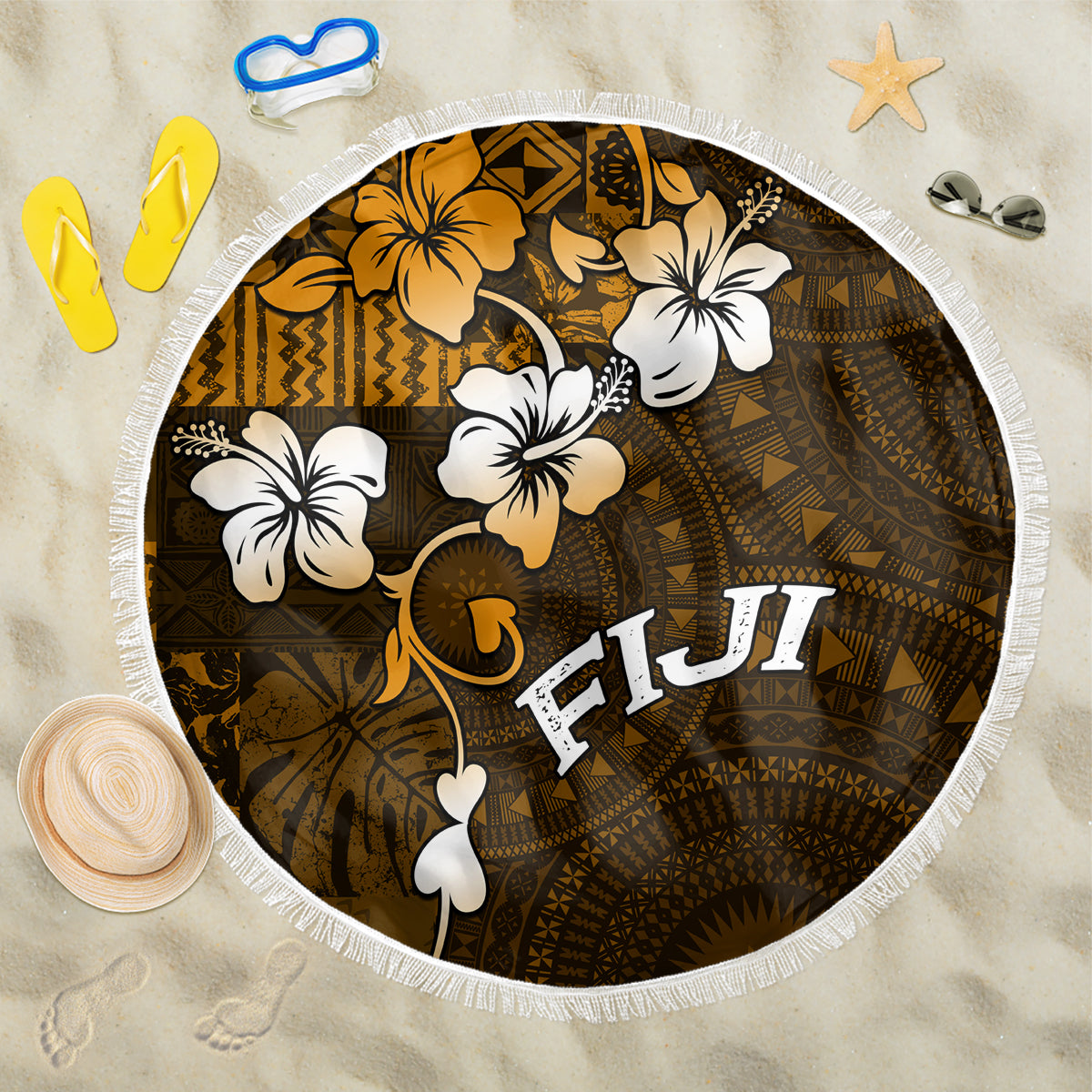 Fiji Masi With Hibiscus Tapa Tribal Beach Blanket Gold Version LT01 One Size 150cm Gold - Polynesian Pride