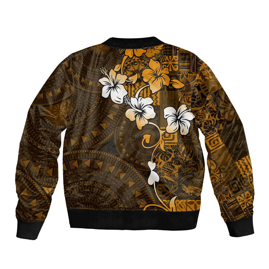 Fiji Masi With Hibiscus Tapa Tribal Bomber Jacket Gold Version LT01 - Polynesian Pride