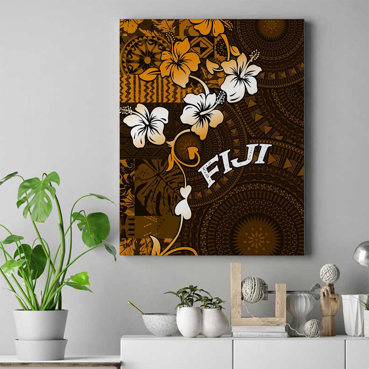 Fiji Masi With Hibiscus Tapa Tribal Canvas Wall Art Gold Version LT01 Gold - Polynesian Pride