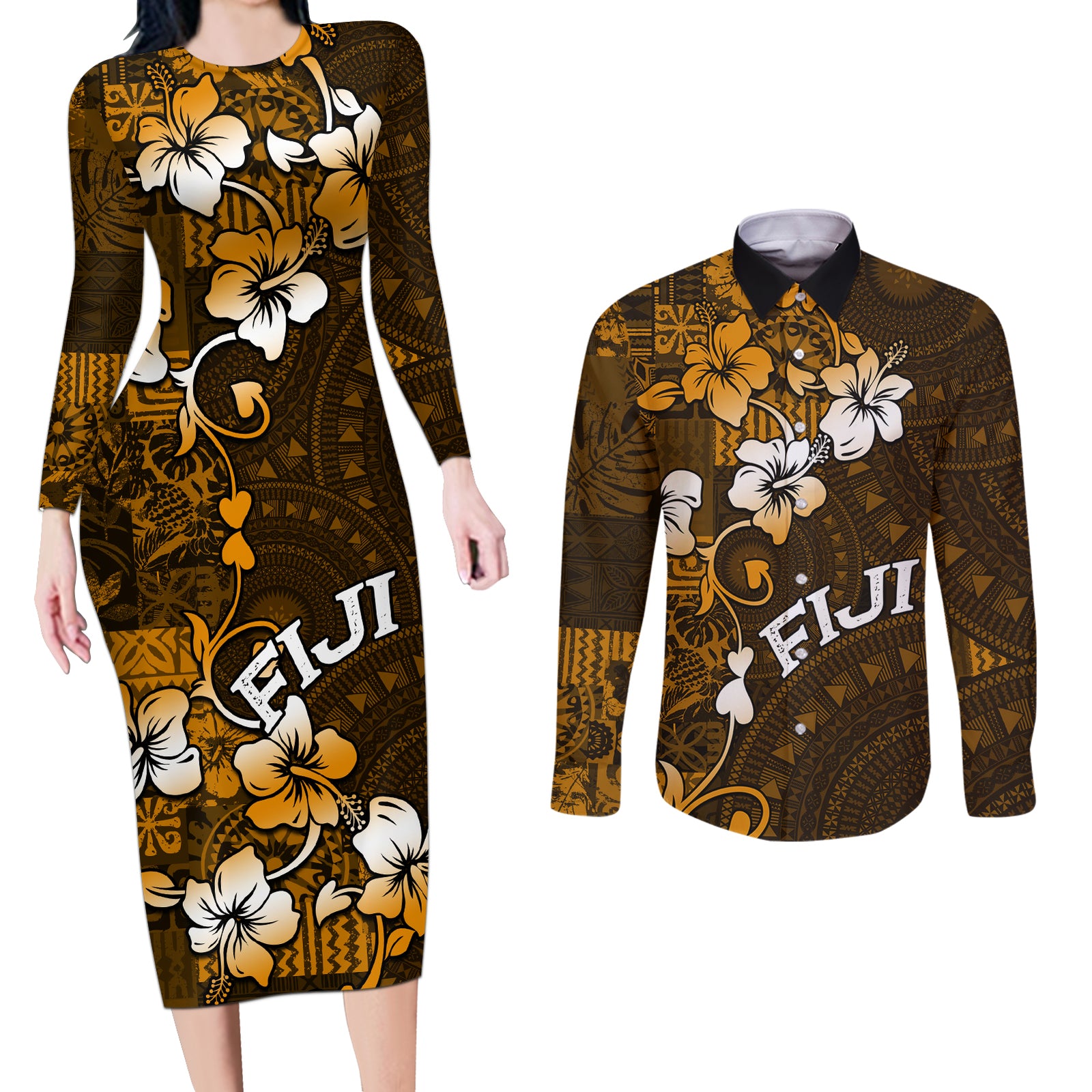 Fiji Masi With Hibiscus Tapa Tribal Couples Matching Long Sleeve Bodycon Dress and Long Sleeve Button Shirt Gold Version LT01 Gold - Polynesian Pride