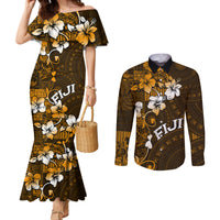 Fiji Masi With Hibiscus Tapa Tribal Couples Matching Mermaid Dress and Long Sleeve Button Shirt Gold Version LT01 Gold - Polynesian Pride