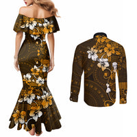 Fiji Masi With Hibiscus Tapa Tribal Couples Matching Mermaid Dress and Long Sleeve Button Shirt Gold Version LT01 - Polynesian Pride
