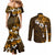 Fiji Masi With Hibiscus Tapa Tribal Couples Matching Mermaid Dress and Long Sleeve Button Shirt Gold Version LT01 - Polynesian Pride