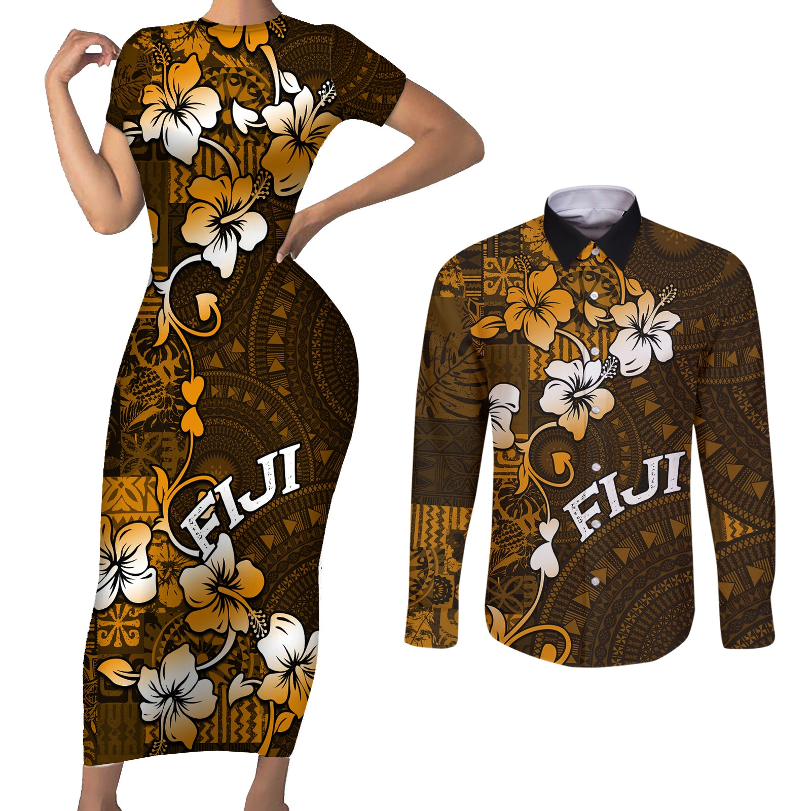 Fiji Masi With Hibiscus Tapa Tribal Couples Matching Short Sleeve Bodycon Dress and Long Sleeve Button Shirt Gold Version LT01 Gold - Polynesian Pride