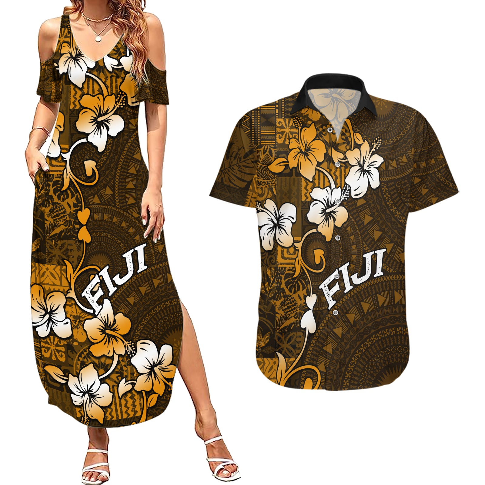Fiji Masi With Hibiscus Tapa Tribal Couples Matching Summer Maxi Dress and Hawaiian Shirt Gold Version LT01 Gold - Polynesian Pride
