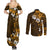 Fiji Masi With Hibiscus Tapa Tribal Couples Matching Summer Maxi Dress and Long Sleeve Button Shirt Gold Version LT01 - Polynesian Pride