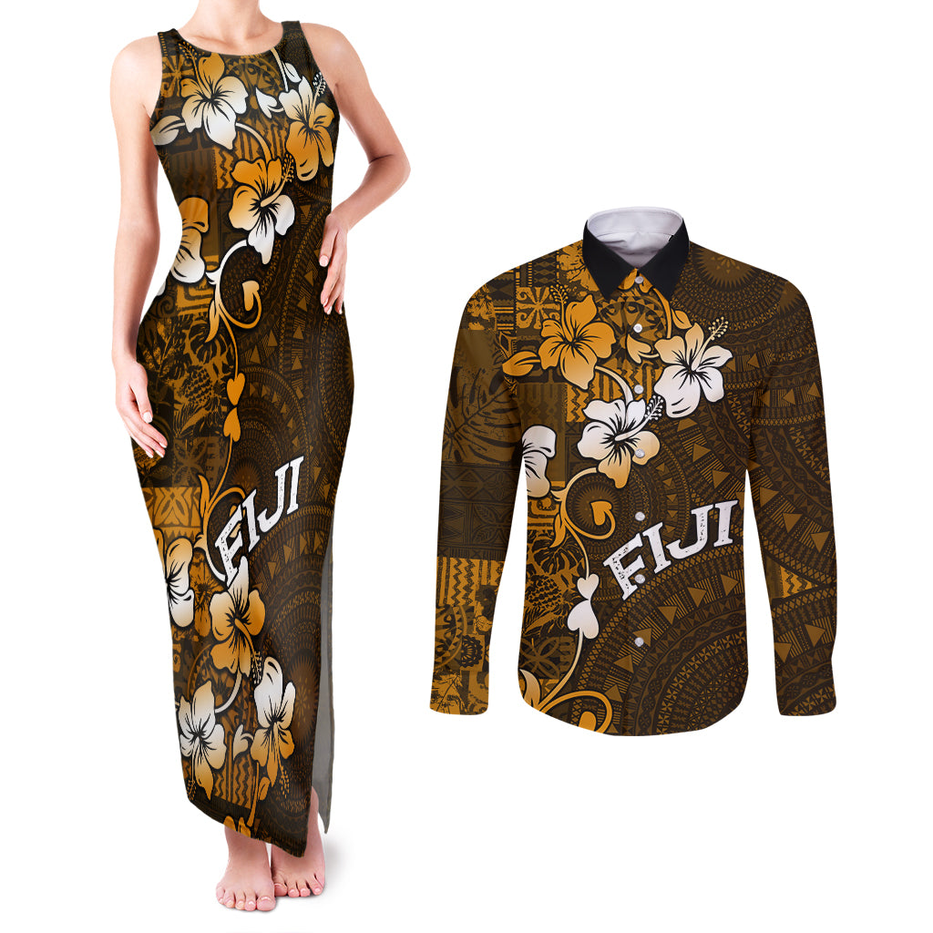 Fiji Masi With Hibiscus Tapa Tribal Couples Matching Tank Maxi Dress and Long Sleeve Button Shirt Gold Version LT01 Gold - Polynesian Pride