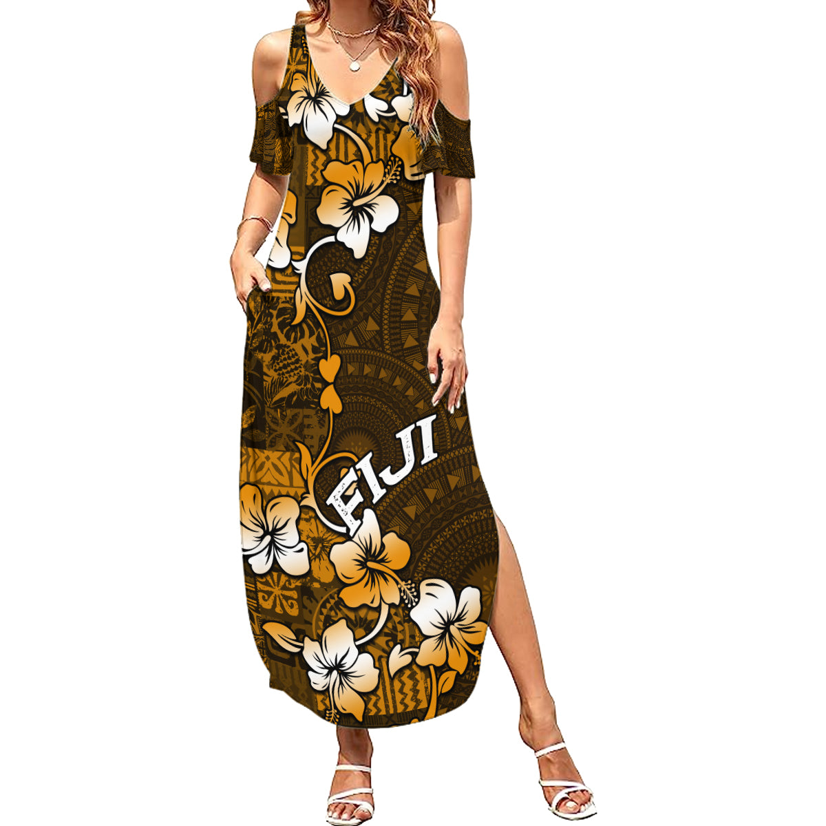 Fiji Masi With Hibiscus Tapa Tribal Family Matching Summer Maxi Dress and Hawaiian Shirt Gold Version LT01 Mom's Dress Gold - Polynesian Pride