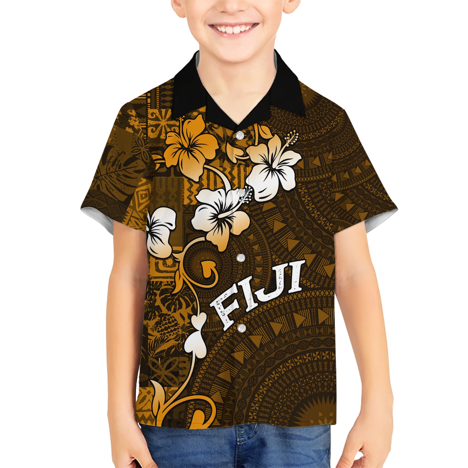 Fiji Masi With Hibiscus Tapa Tribal Kid Hawaiian Shirt Gold Version LT01 Kid Gold - Polynesian Pride
