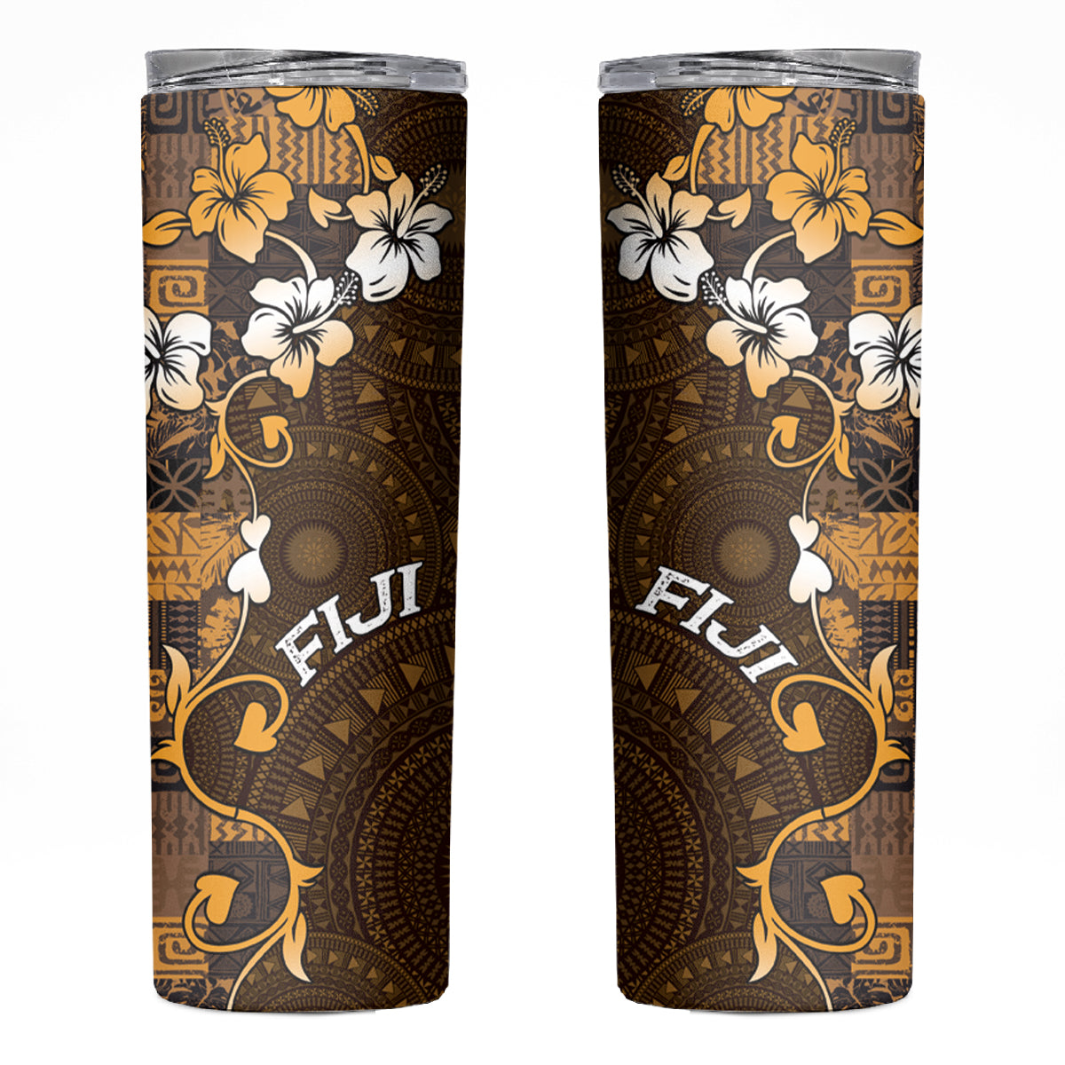 Fiji Masi Skinny Tumbler Fijian Hibiscus Tapa Gold Version