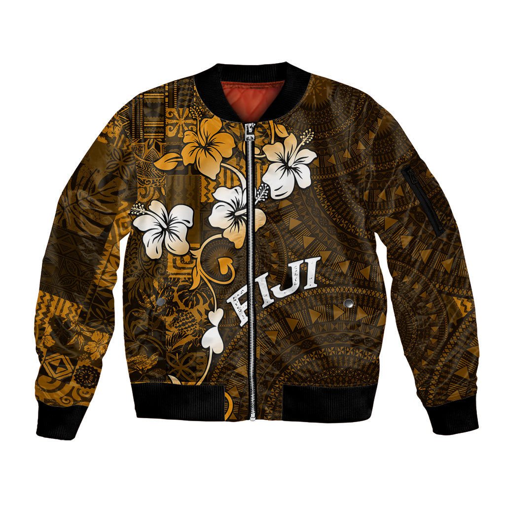 Fiji Masi With Hibiscus Tapa Tribal Sleeve Zip Bomber Jacket Gold Version LT01 Unisex Gold - Polynesian Pride