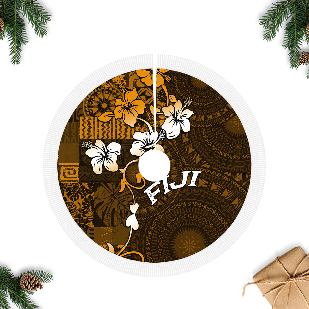 Fiji Masi With Hibiscus Tapa Tribal Tree Skirt Gold Version LT01 Fringed Tree Skirts Gold - Polynesian Pride