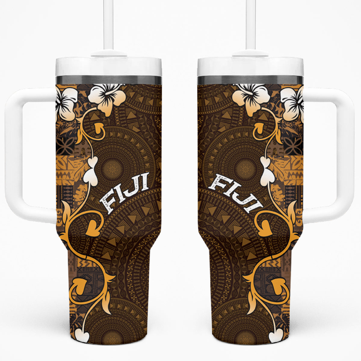 Fiji Masi Tumbler With Handle Fijian Hibiscus Tapa Gold Version