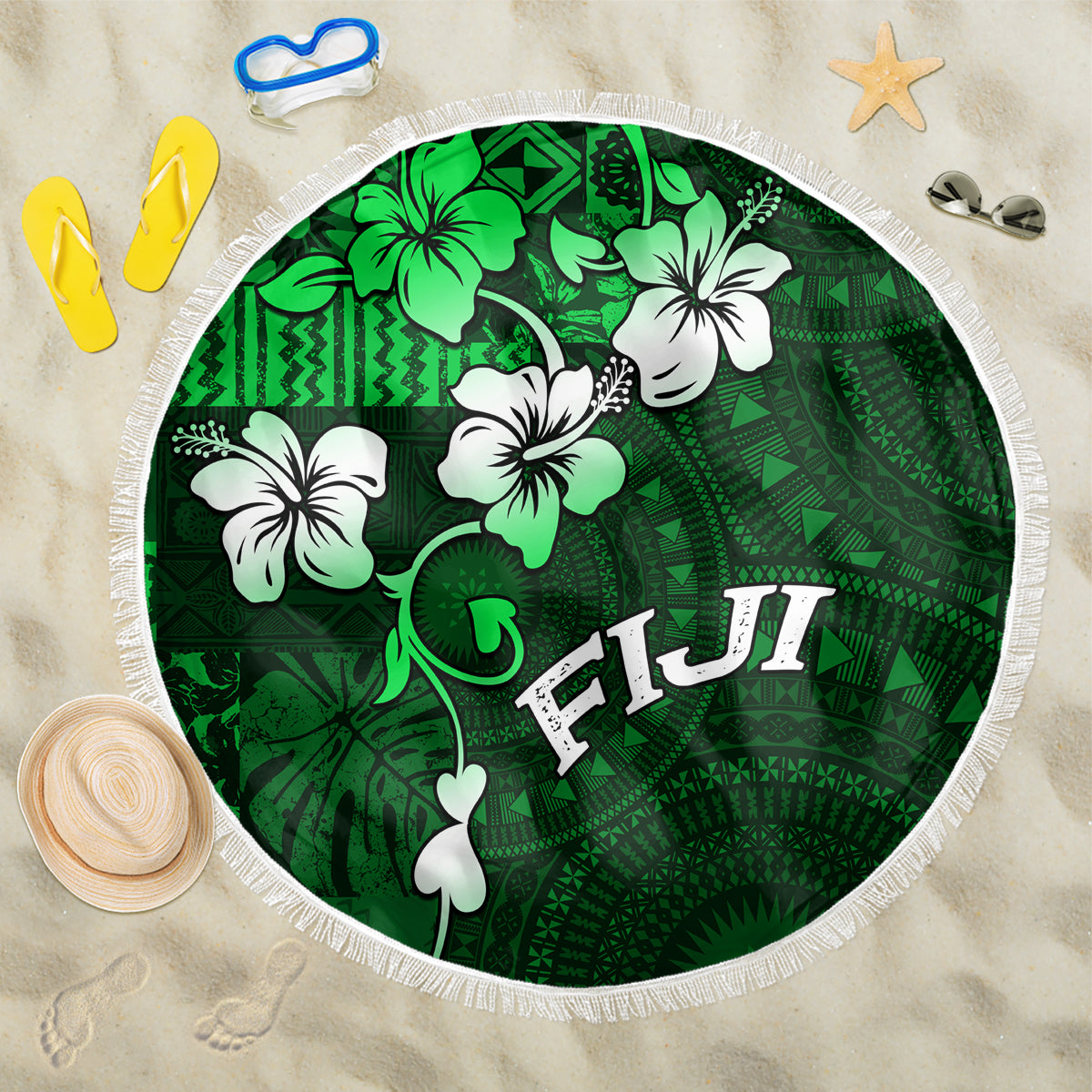Fiji Masi Beach Blanket Fijian Hibiscus Tapa Green Version LT01 One Size 150cm Green - Polynesian Pride