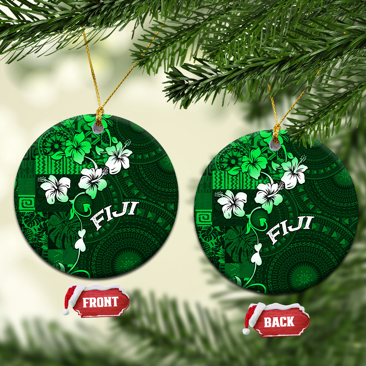 Fiji Masi Ceramic Ornament Fijian Hibiscus Tapa Green Version LT01 Circle Green - Polynesian Pride