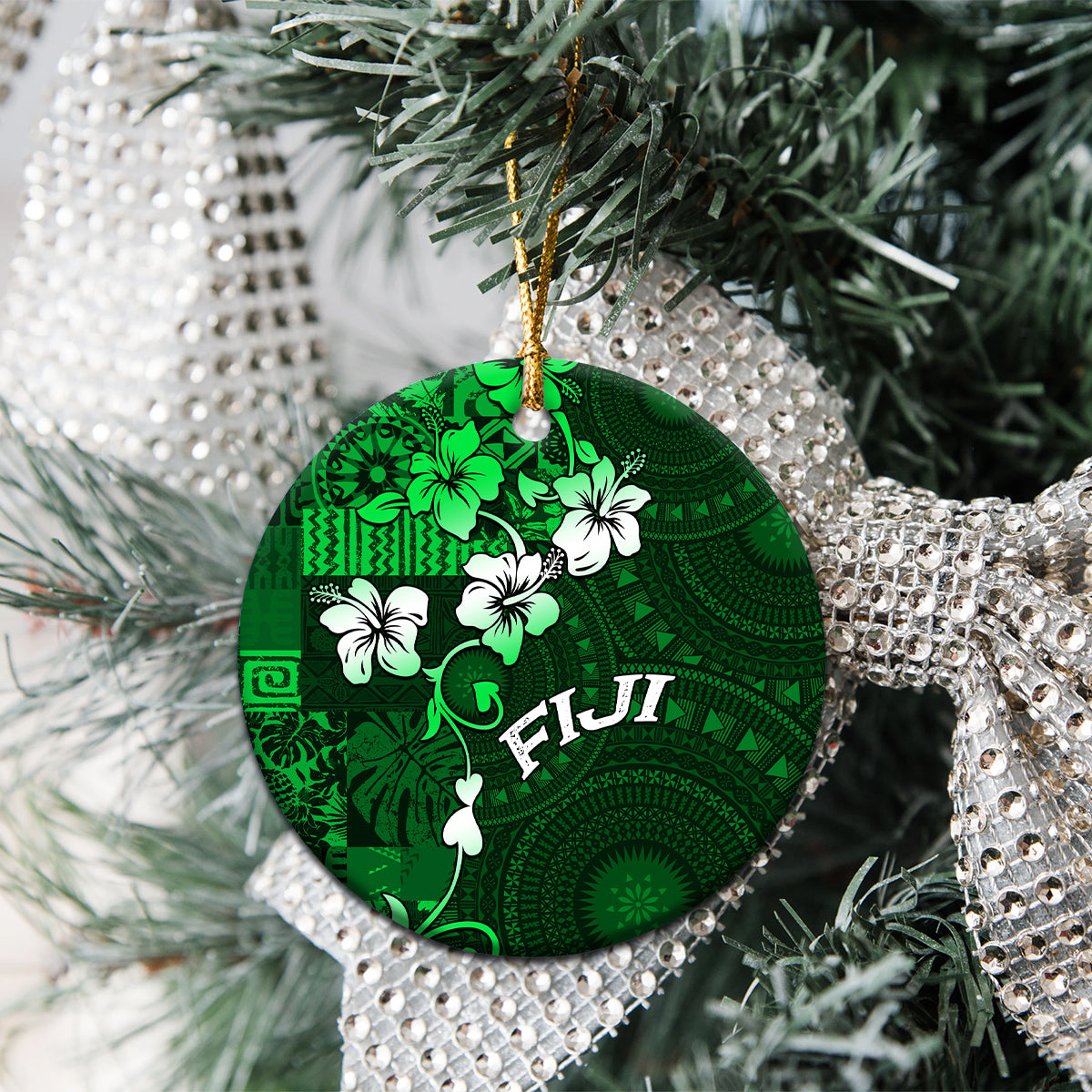 Fiji Masi Ceramic Ornament Fijian Hibiscus Tapa Green Version LT01 - Polynesian Pride
